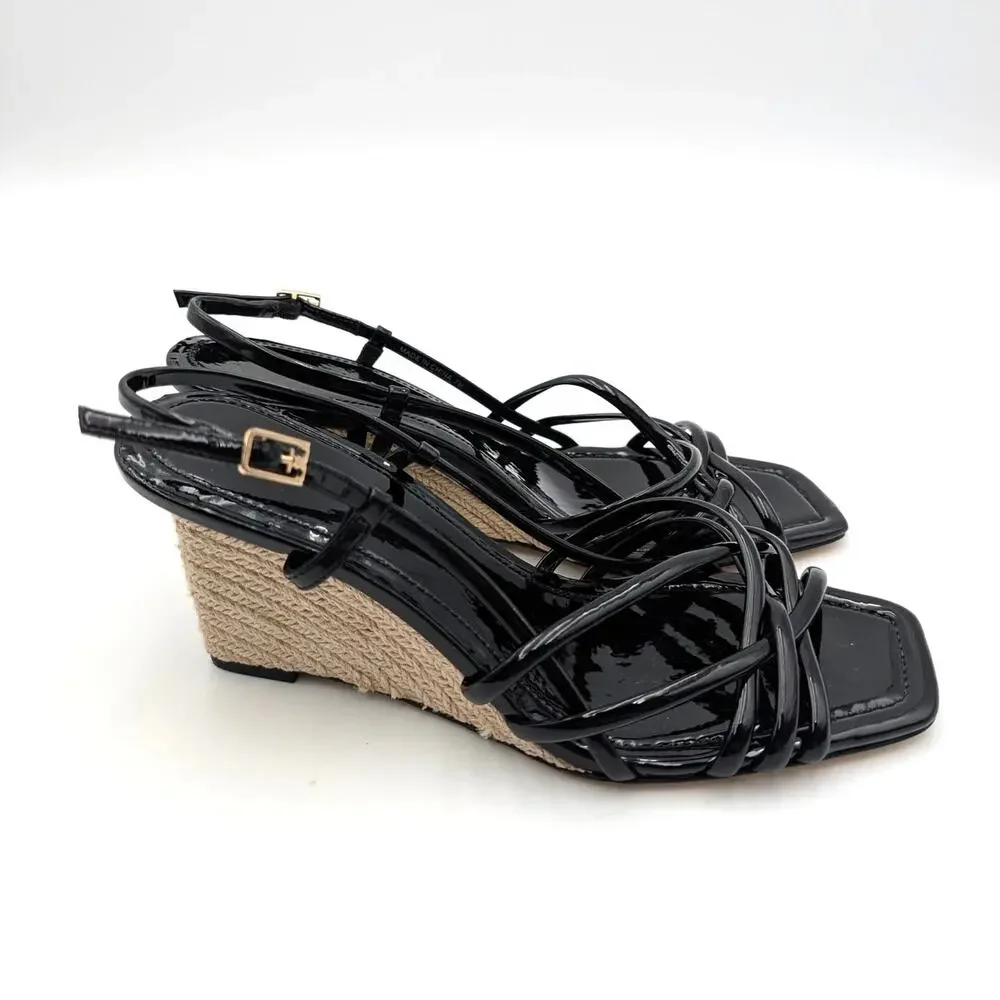 Tory Burch Multi-Strap Wedge Sandals Buckle Women's Black Size US7M EU37.5